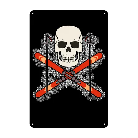 SKIER SKULL PIRATE JOLLY ROGER DESIGN Black Metal Poster Wall Art Decor Sign