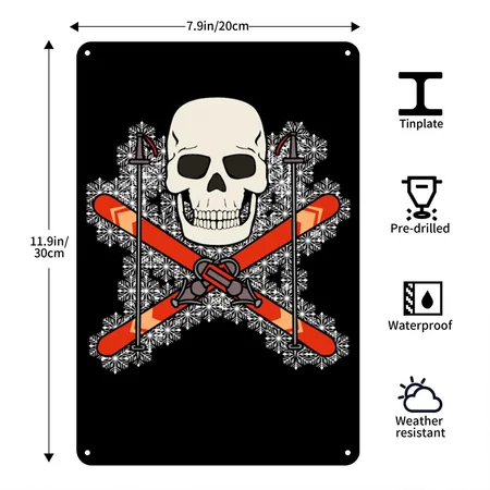 SKIER SKULL PIRATE JOLLY ROGER DESIGN Black Metal Poster Wall Art Decor Sign
