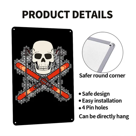 SKIER SKULL PIRATE JOLLY ROGER DESIGN Black Metal Poster Wall Art Decor Sign
