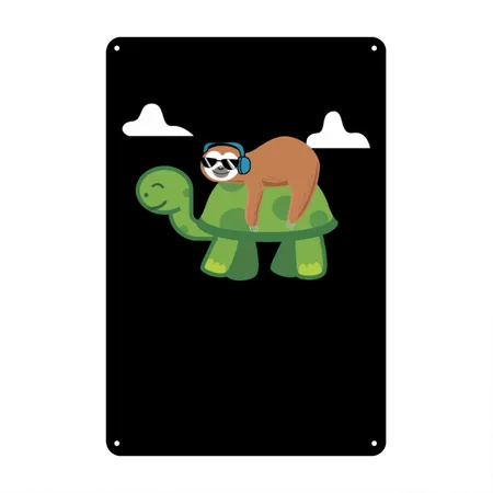 Sloth Riding Turtle Lazy Sloth Gift Black Metal Poster Wall Art Decor Sign