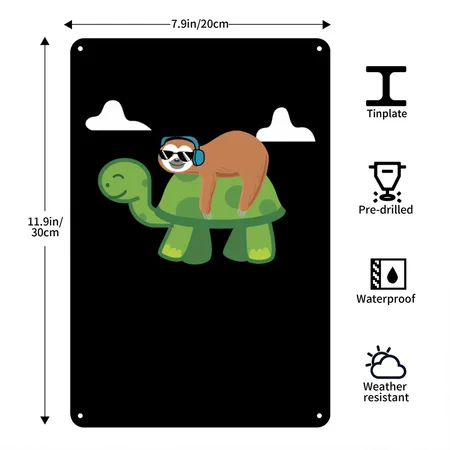 Sloth Riding Turtle Lazy Sloth Gift Black Metal Poster Wall Art Decor Sign