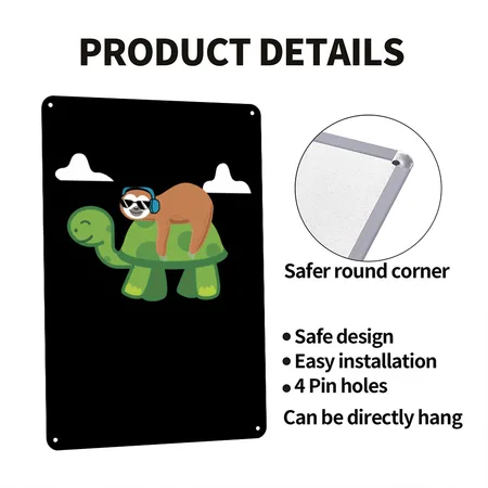 Sloth Riding Turtle Lazy Sloth Gift Black Metal Poster Wall Art Decor Sign