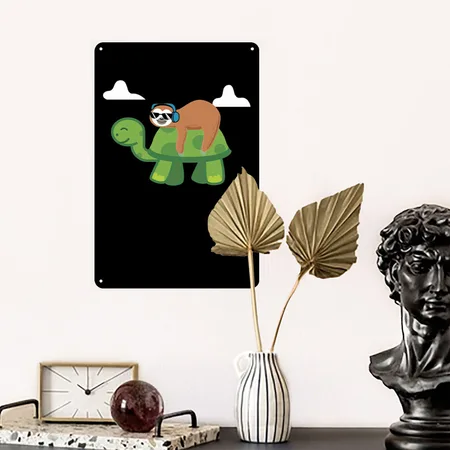 Sloth Riding Turtle Lazy Sloth Gift Black Metal Poster Wall Art Decor Sign