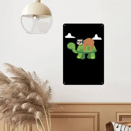 Sloth Riding Turtle Lazy Sloth Gift Black Metal Poster Wall Art Decor Sign