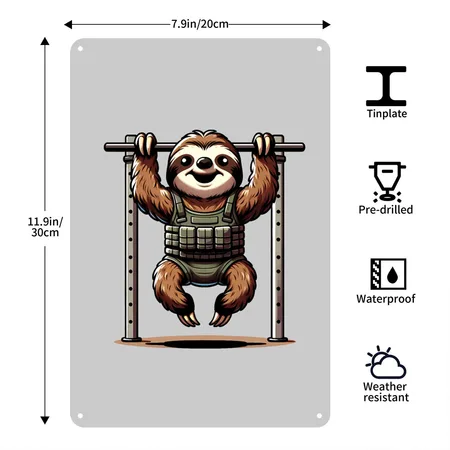 Sloth Slow Crossfit Pull-up Champ: Hang In There Heather Gray Metal Poster Wall Art Decor Sign