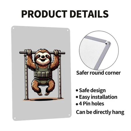 Sloth Slow Crossfit Pull-up Champ: Hang In There Heather Gray Metal Poster Wall Art Decor Sign