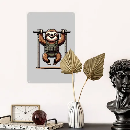 Sloth Slow Crossfit Pull-up Champ: Hang In There Heather Gray Metal Poster Wall Art Decor Sign