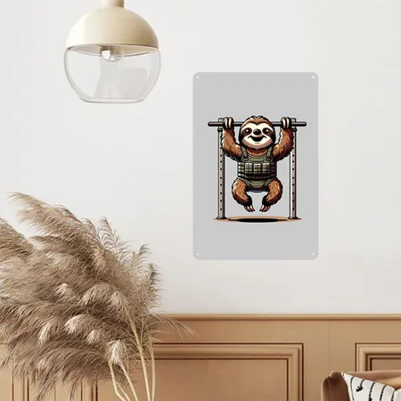 Sloth Slow Crossfit Pull-up Champ: Hang In There Heather Gray Metal Poster Wall Art Decor Sign