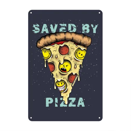 Smileyworld Saved By Pizza Navy/heather Gray Metal Poster Wall Art Decor Sign