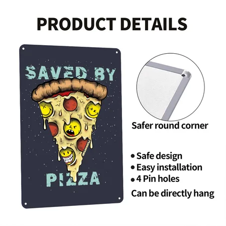 Smileyworld Saved By Pizza Navy/heather Gray Metal Poster Wall Art Decor Sign