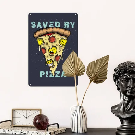 Smileyworld Saved By Pizza Navy/heather Gray Metal Poster Wall Art Decor Sign