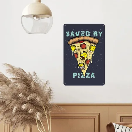 Smileyworld Saved By Pizza Navy/heather Gray Metal Poster Wall Art Decor Sign