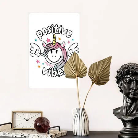 Smileyworld Smiling Unicorn Positive Vibes White Metal Poster Wall Art Decor Sign