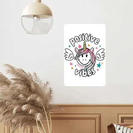 Smileyworld Smiling Unicorn Positive Vibes White Metal Poster Wall Art Decor Sign
