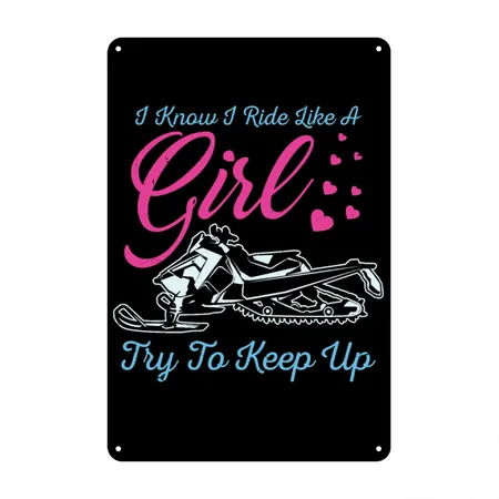 Snowmobile Girl Black Metal Poster Wall Art Decor Sign