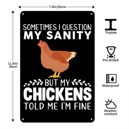 Sometimes I Question My Sanity But My Chickens Black Metal Poster Wall Art Decor Sign