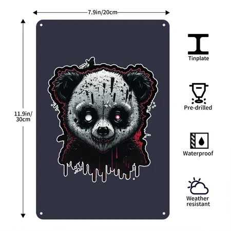 Spooky Panda Navy/heather Gray Metal Poster Wall Art Decor Sign