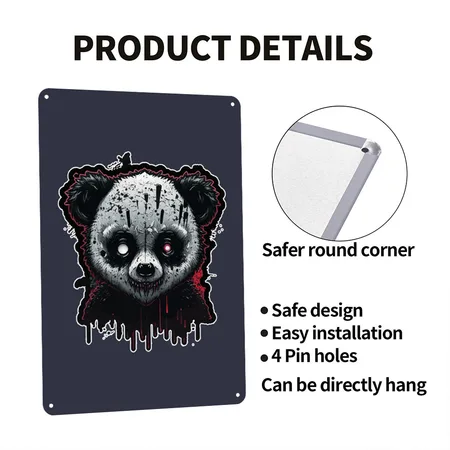 Spooky Panda Navy/heather Gray Metal Poster Wall Art Decor Sign