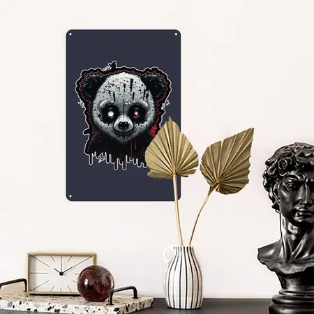 Spooky Panda Navy/heather Gray Metal Poster Wall Art Decor Sign