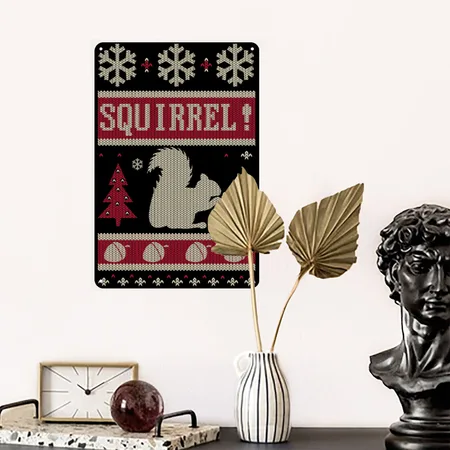 Squirrel Christmas Black Metal Poster Wall Art Decor Sign