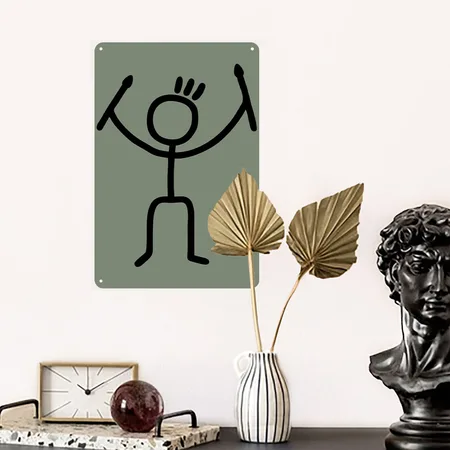 Stick Figure Drums Heather Military Green Metal Poster Wall Art Decor Sign