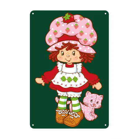 Strawberry Shortcake And Her Cat Custard Forest Green Metal Poster Wall Art Decor Sign