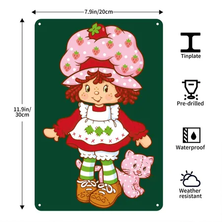 Strawberry Shortcake And Her Cat Custard Forest Green Metal Poster Wall Art Decor Sign