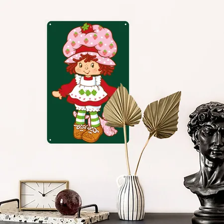 Strawberry Shortcake And Her Cat Custard Forest Green Metal Poster Wall Art Decor Sign