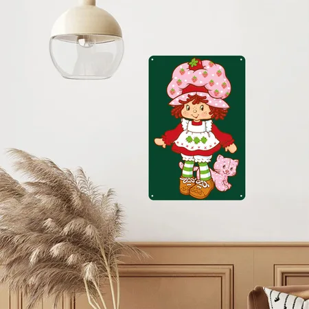 Strawberry Shortcake And Her Cat Custard Forest Green Metal Poster Wall Art Decor Sign