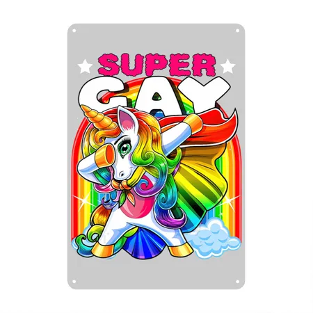 Super Gay Dabbing Unicorn LGBT Flag Gay Pride Heather Gray Metal Poster Wall Art Decor Sign