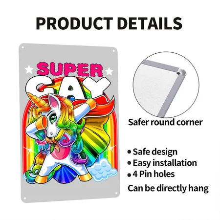 Super Gay Dabbing Unicorn LGBT Flag Gay Pride Heather Gray Metal Poster Wall Art Decor Sign