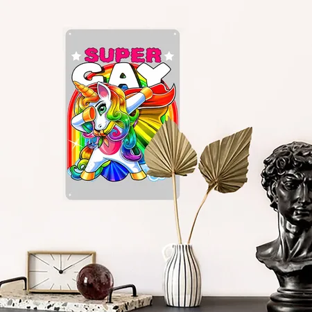 Super Gay Dabbing Unicorn LGBT Flag Gay Pride Heather Gray Metal Poster Wall Art Decor Sign