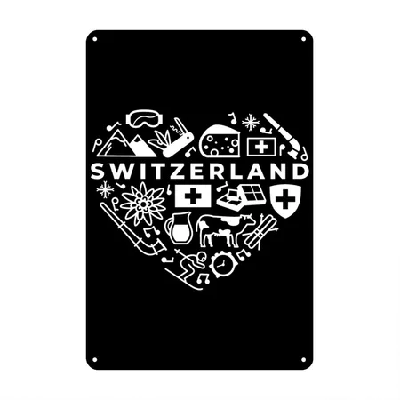 Switzerland White Heart Black Metal Poster Wall Art Decor Sign