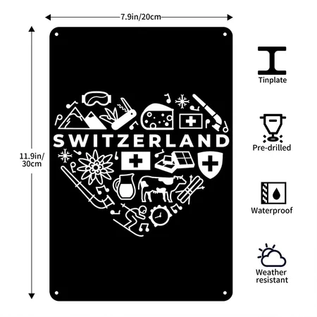 Switzerland White Heart Black Metal Poster Wall Art Decor Sign