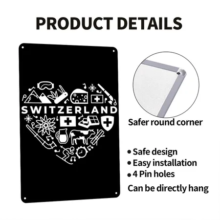Switzerland White Heart Black Metal Poster Wall Art Decor Sign