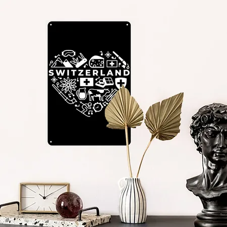 Switzerland White Heart Black Metal Poster Wall Art Decor Sign