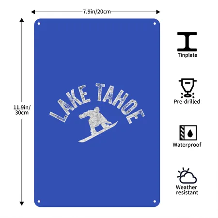 Tahoe Snowboard Lake Tahoe Cool Snowboarder Winter Royal Blue Metal Poster Wall Art Decor Sign