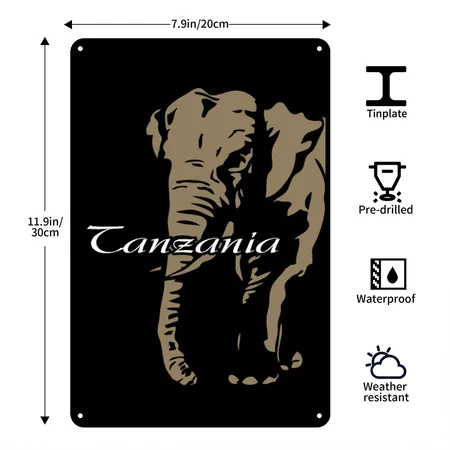 Tanzania - Elephant Black Metal Poster Wall Art Decor Sign