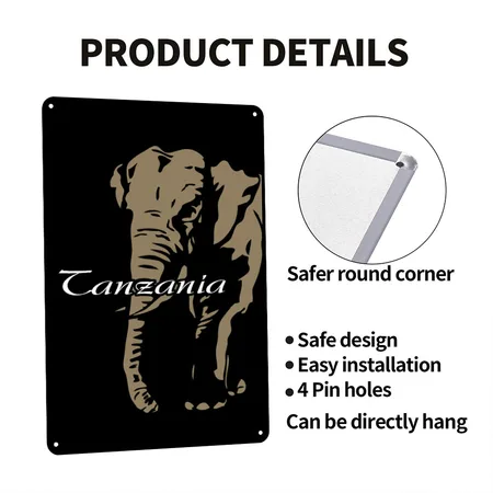 Tanzania - Elephant Black Metal Poster Wall Art Decor Sign