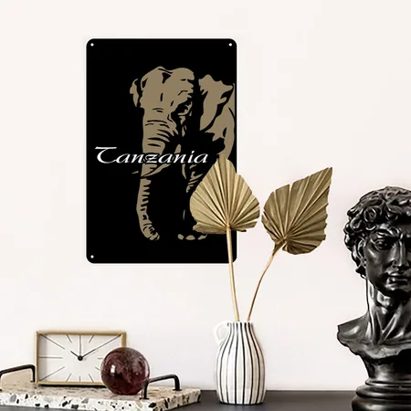 Tanzania - Elephant Black Metal Poster Wall Art Decor Sign