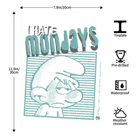 The Smurfs Gift Grouchy Smurf I Hate Mondays Mug White/cobalt Blue Metal Poster Wall Art Decor Sign