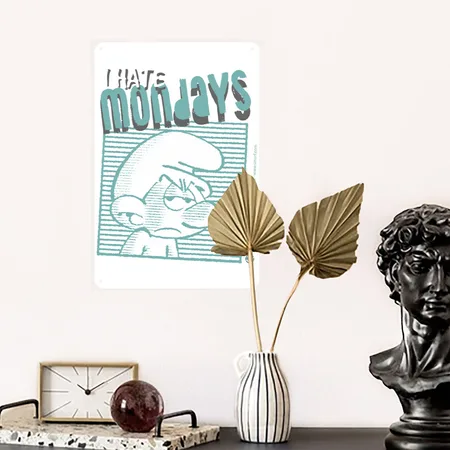 The Smurfs Gift Grouchy Smurf I Hate Mondays Mug White/cobalt Blue Metal Poster Wall Art Decor Sign