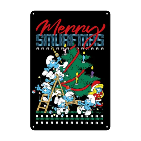 The Smurfs Merry Smurfmas Ugly Christmas Design Black Metal Poster Wall Art Decor Sign