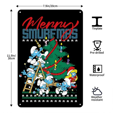 The Smurfs Merry Smurfmas Ugly Christmas Design Black Metal Poster Wall Art Decor Sign