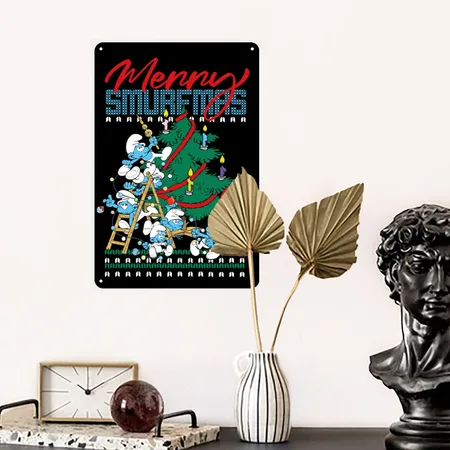 The Smurfs Merry Smurfmas Ugly Christmas Design Black Metal Poster Wall Art Decor Sign