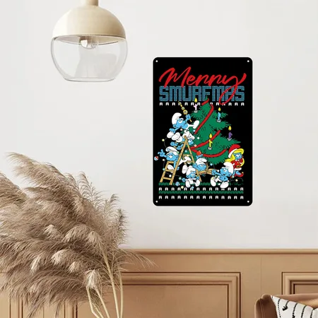 The Smurfs Merry Smurfmas Ugly Christmas Design Black Metal Poster Wall Art Decor Sign