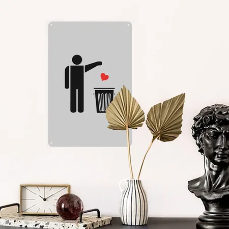 Throw Away Your Valentine's Day Heart Heather Gray Metal Poster Wall Art Decor Sign
