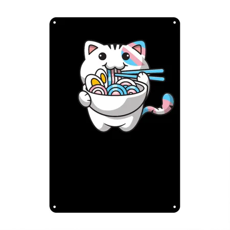 Transgender Pride Kawaii Cat Ramen Noodles Trans F Black Metal Poster Wall Art Decor Sign