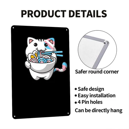 Transgender Pride Kawaii Cat Ramen Noodles Trans F Black Metal Poster Wall Art Decor Sign