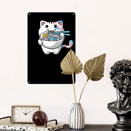 Transgender Pride Kawaii Cat Ramen Noodles Trans F Black Metal Poster Wall Art Decor Sign